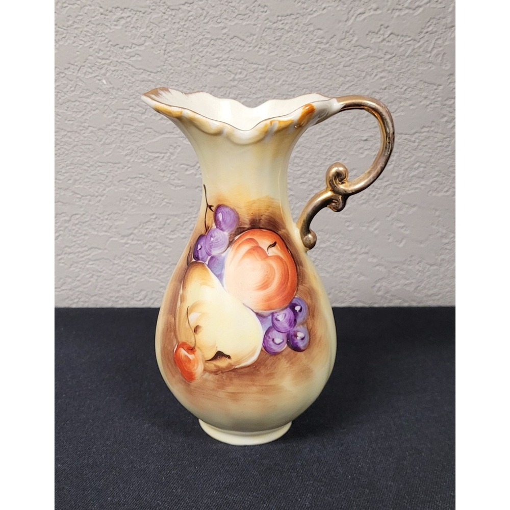 Vtg 60s Enesco Japan E2350 Porcelain Fruit Pitcher Vase Hand Painted Gold Handle